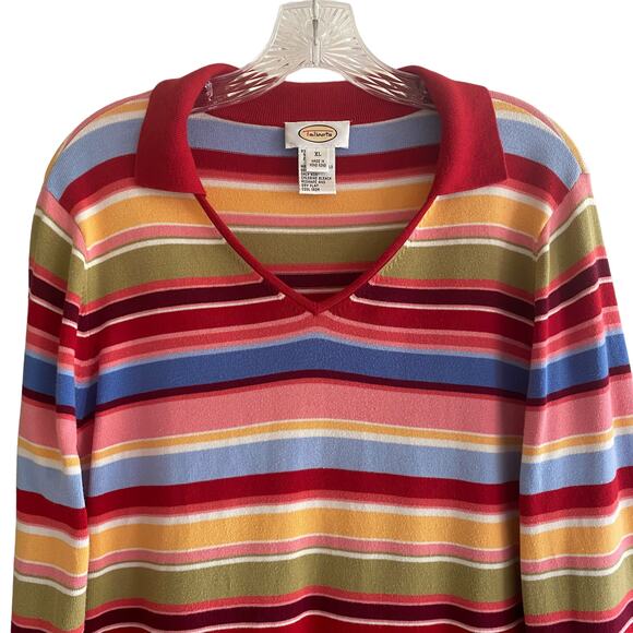 TALBOTS XL Striped V-Neck Polo Long Sleeve T-Shirt Multicolor Preppy Academia - Picture 2 of 8